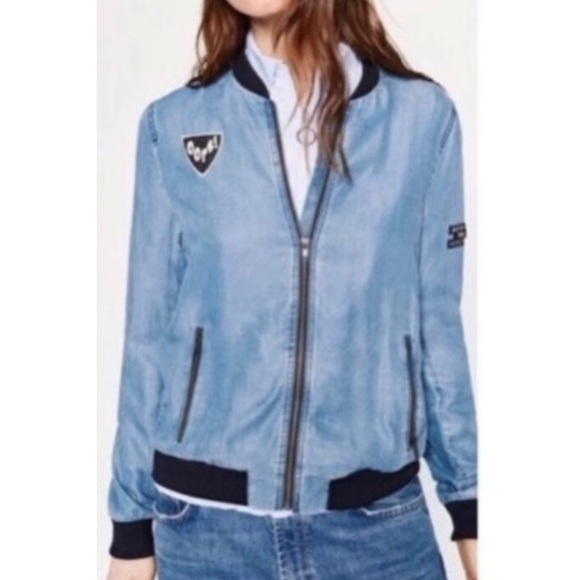 Zara Denim Chambray Bomber Jacket - Picture 1 of 8